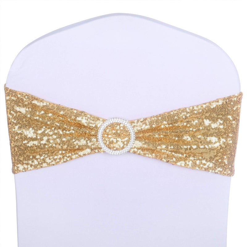 ANMINY Pack of 50 All Around Sequin Chair Sashes With Bows Stretchy Spandex Decorative Shiny Sparkly Sash Band For Banquet Chair Cover Romantic Wedding Party Ceremony Home Decoration, Light Gold - Image 2